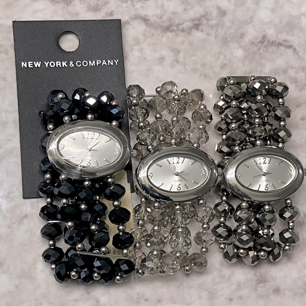 New York & Company Black, Silver, and Clear Beaded Watch Trio